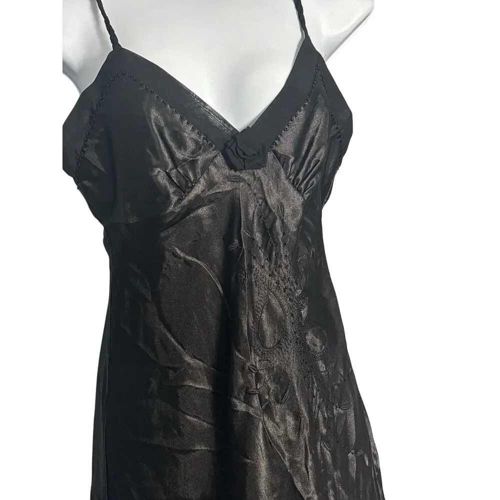 Vintage Madison Intimates Black Satin & Lace Beaded  Nightgown Slip‎ Dress Small